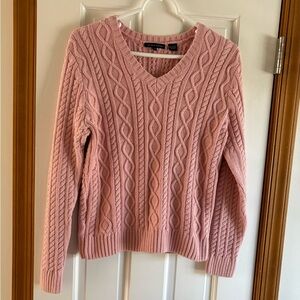 Jeanne Pierre Pink V-Neck Cable Knit Ladies Sweater